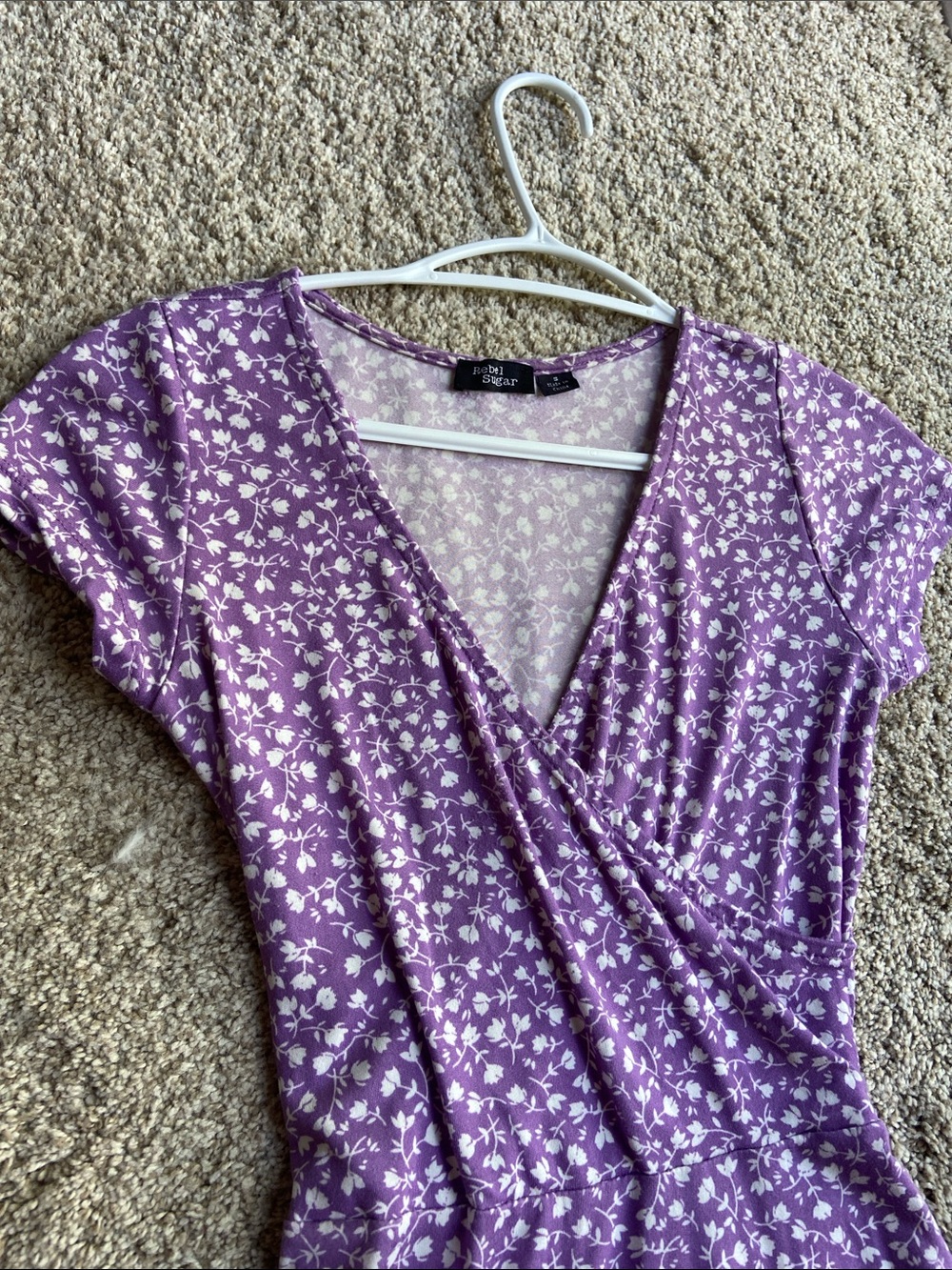 Rebel Sugar Lavender Floral Faux-Wrap Tie Back Mini Dress